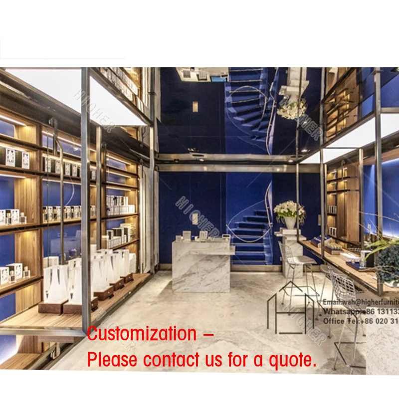 Interior Design Retail - ตู้โชว์น้ำหอมแบบกำหนดเองสำหรับร้านค้าปลีก ออกแบบตกแต่งภายในร้านน้ำหอม เฟอร์นิเจอร์ไม้สำหรับจัดแสดงน้ำหอม ตู้โชว์เครื่องสำอาง