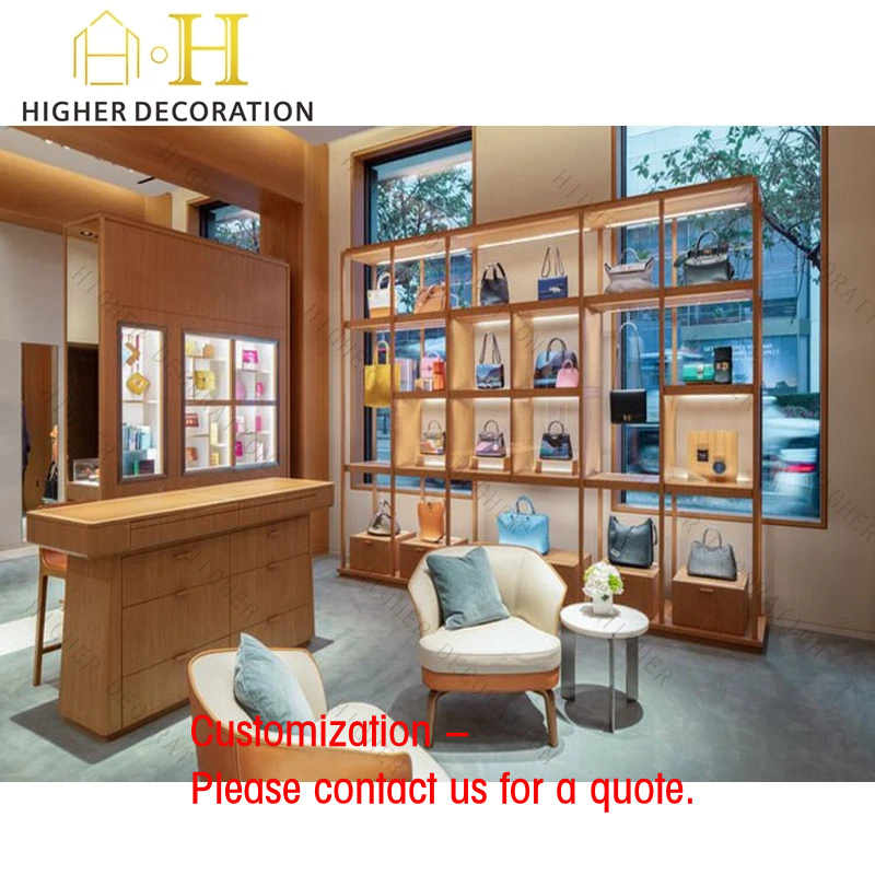 Interior Design Retail - เคาน์เตอร์โชว์กระเป๋าถือหนังหรูหราแบบกำหนดเอง ชั้นวางโชว์กระเป๋าถือสำหรับร้านค้า การออกแบบตกแต่งภายในร้านค้าพร้อมขาตั้งโชว์หนัง